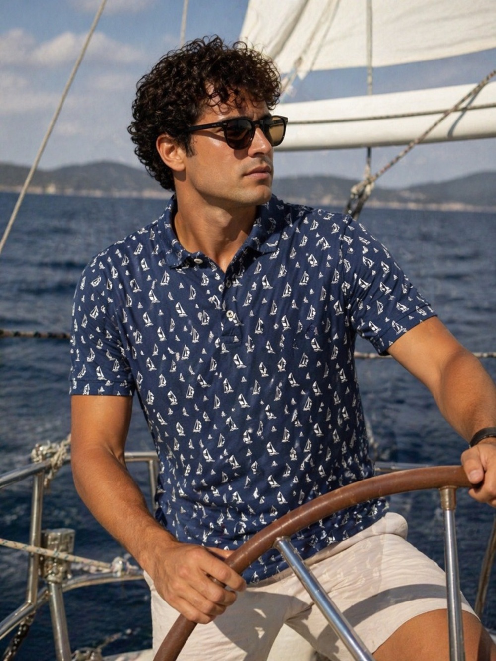 Polo by Ralph Lauren Navy Polo with White Sailboat Print